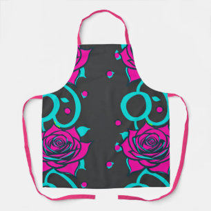 Stylized Roses In Bright Turquoise And Pink Apron