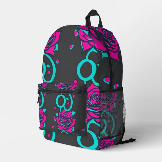 Stylized Roses In Bright Turquoise And Pink Printed Backpack (Back Corner Right)