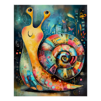 Stylized snail with colorful geometric spiral poster