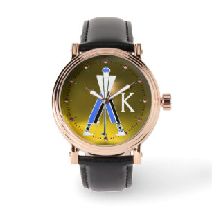 STYLIZED YELLOW BLUE GOLFER,GOLF PLAYER MONOGRAM WATCH