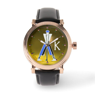 STYLIZED YELLOW BLUE GOLFER,GOLF PLAYER MONOGRAM WATCH