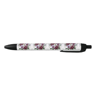 Stylo Élégance Botanique Bouquet Fleurs Violettes Black Ink Pen