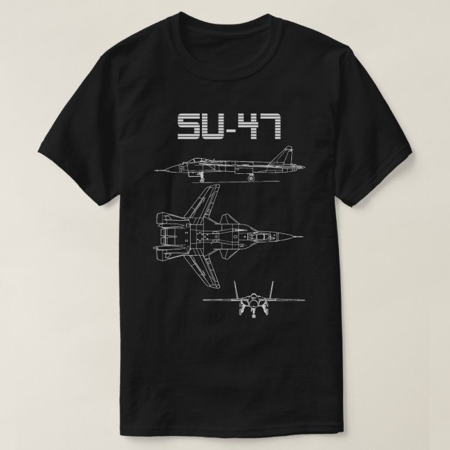 Su47 Fighter Plane Warbird Blueprint Schematics Di T-Shirt (Design Front)