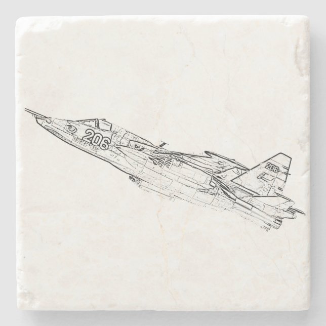 SU 25 Grach Soviet Frogfoot Plane Sketch Stone Coaster (Front)