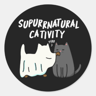 Su-purr-natural Cativity Funny Cat Pun Dark BG Classic Round Sticker