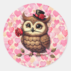 suave Owl with colourful hearts Valentine's Day Classic Round Sticker