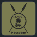 Subdued Maccabee Shield And Spears Square Sticker<br><div class="desc">A black military "subdued" style depiction of a Maccabee's shield and two spears. The shield is adorned by a lion and text reading "Yisrael" (Israel) in the Paleo-Hebrew alphabet. Text reading "Maccabee" also appears. The Maccabees were Jewish rebels who freed Judea from the yoke of the Seleucid Empire. Chanukkah is...</div>
