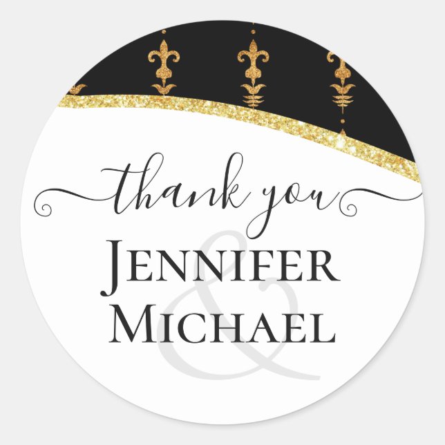 Sublime Black Gold Fleur De Lys Wedding Classic Round Sticker (Front)