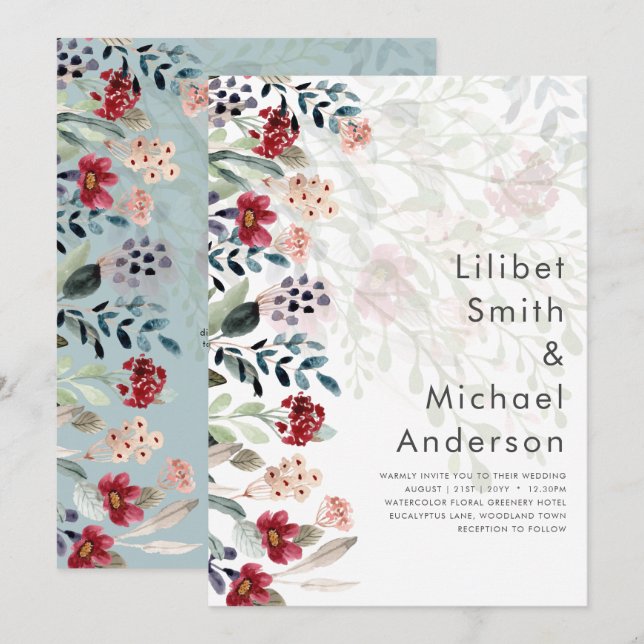 Sublime Burgundy Blue Wildflowers Wedding Elegant Invitation (Front/Back)