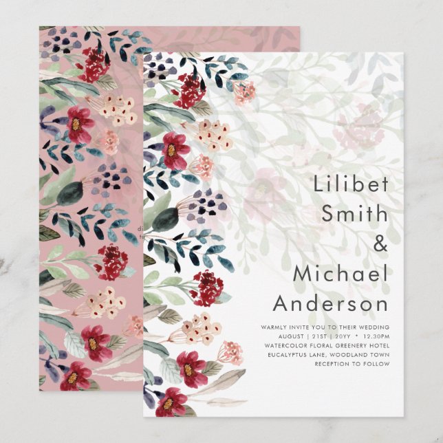 Sublime Burgundy Blue Wildflowers Wedding Elegant Invitation (Front/Back)