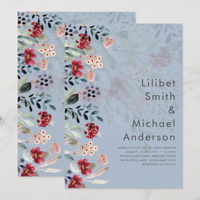 Sublime Burgundy Blue Wildflowers Wedding Elegant Invitation (Front/Back)