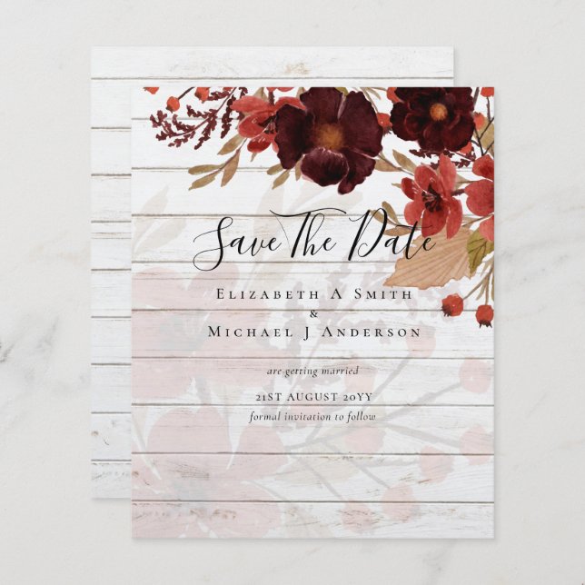 Sublime Burgundy Floral Wedding SAVE DATES Budget (Front/Back)