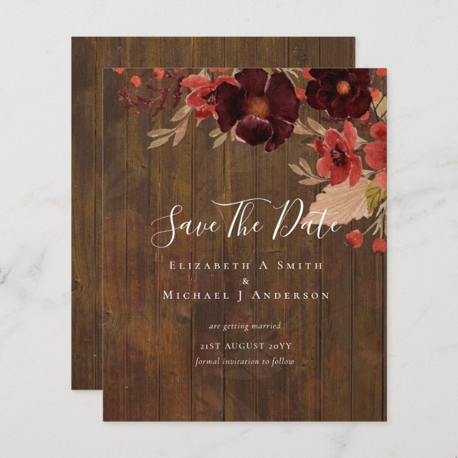 Sublime Burgundy Floral Wedding SAVE DATES Budget (Front/Back)