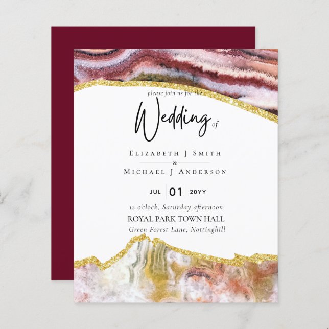 Sublime Burgundy Gold Agate Wedding INVITES BUDGET (Front/Back)