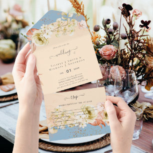 Sublime Dusty Blue Peach Wedding All In One Invitation