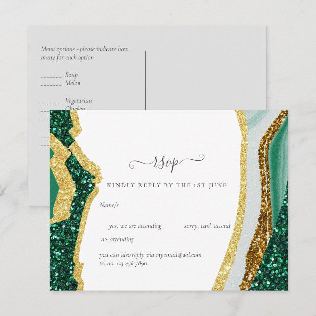 Sublime Emerald Green Gold Agate Wedding Postcard (Front/Back)