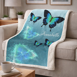 Sublime Gorgeous Aqua Turquoise Butterflies Sherpa Blanket