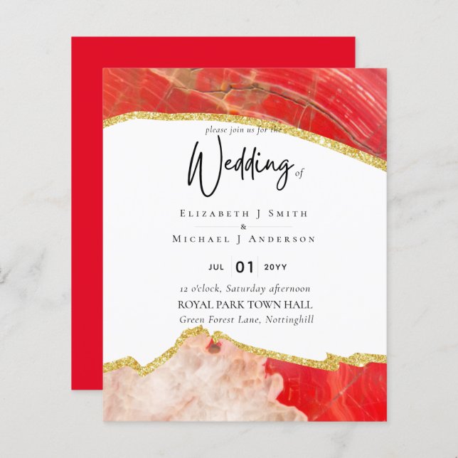 Sublime Red Gold Agate Wedding INVITES BUDGET (Front/Back)