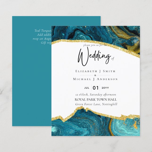 Sublime TEAL GOLD Agate Style Wedding Invitations (Front/Back)