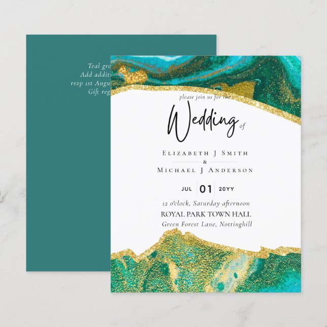 Sublime TEAL GOLD Agate Style Wedding Invitations (Front/Back)