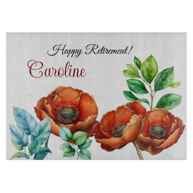 Sublime Watercolor Red Poppies Happy Retirement Cutting Board (Front)