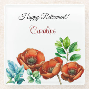 Sublime Watercolor Red Poppies Happy Retirement Glass Coaster