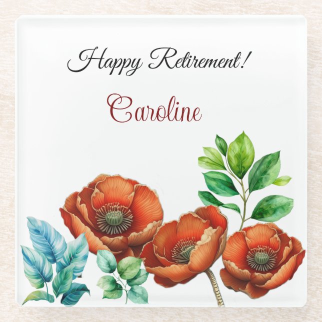 Sublime Watercolor Red Poppies Happy Retirement Glass Coaster (Front)