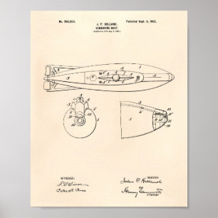 Submarine Boat 1902 Patent Art Old Peper Poster