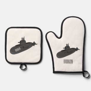 Submarine cartoon illustration oven mitt & pot holder set