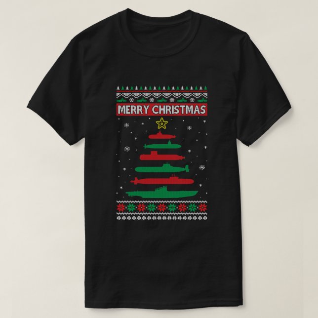 Submarine Military Tree Funny Christmas Ugly Xmas T-Shirt (Design Front)