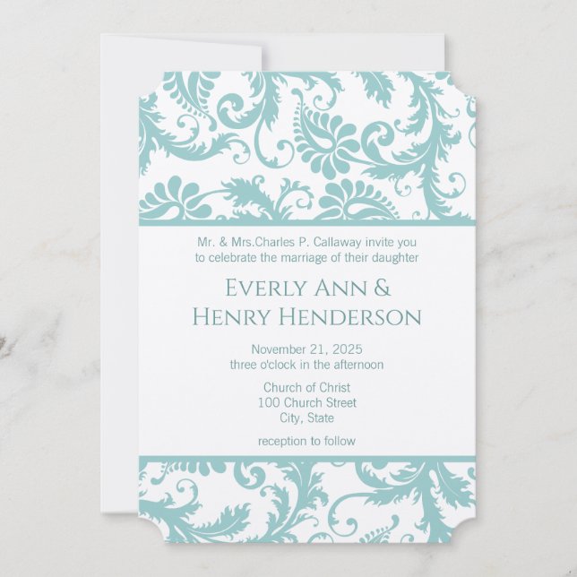 Submitted March 8 Aqua Blue Victorian Damask  Invitation (Front)
