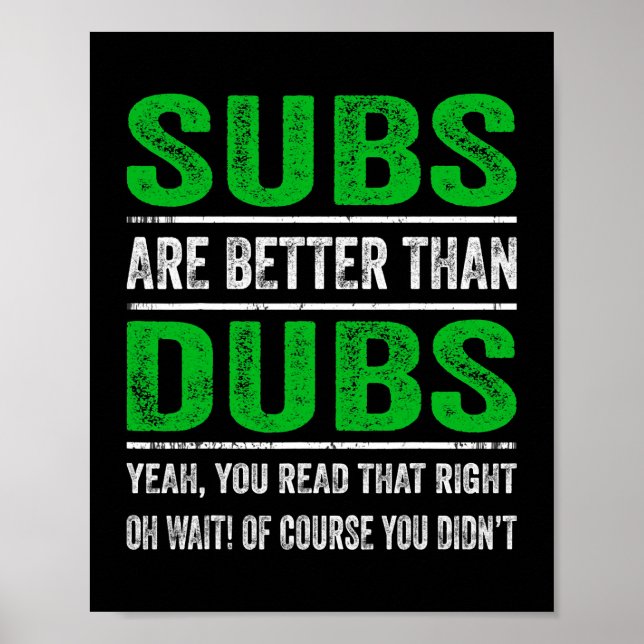 Subs Are Better Than Dubs Japanese Funny Anime Sar Poster (Front)