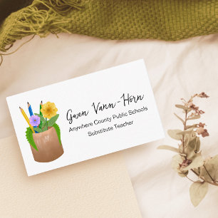 Substitute School Teacher Pencils Flowers Business Card