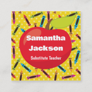 Substitute Teacher Red Apple Colorful Crayons Square Business Card