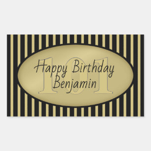 Subtle Age Black and Gold Stripe Happy Birthday Rectangular Sticker