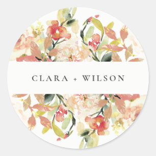 SUBTLE BLUSH PEACH PINK WATERCOLOR FLORAL WEDDING CLASSIC ROUND STICKER