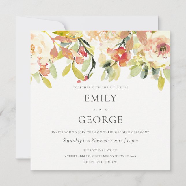 SUBTLE BLUSH PEACH PINK WATERCOLOR FLORAL WEDDING INVITATION (Front)