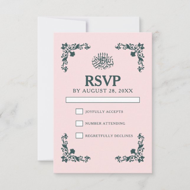 Subtle Blush & Slate Grey Islamic Wedding RSVP Card (Front)