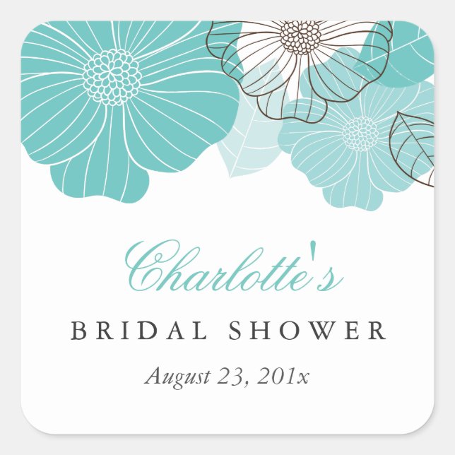 Subtle Chic White Teal Green Floral Bridal Shower Square Sticker (Front)