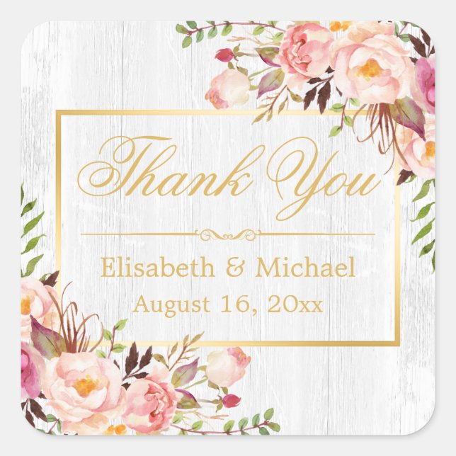 Subtle Chic Wood Grain Floral Gold Frame Thank You Square Sticker (Front)