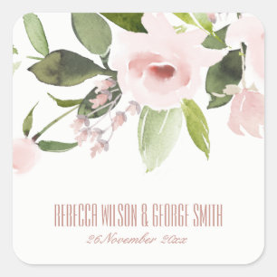 SUBTLE COLOR WASH BLUSH PINK FLORAL BUNCH WEDDING SQUARE STICKER