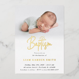 Subtle Cross One Photo Baptism Gold Foil Invitati