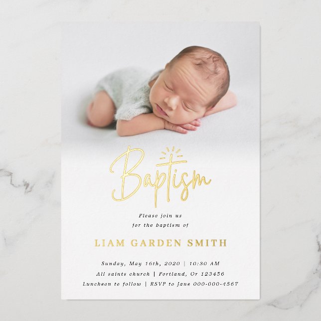Subtle Cross One Photo Baptism Gold  Foil Invitati (Front)