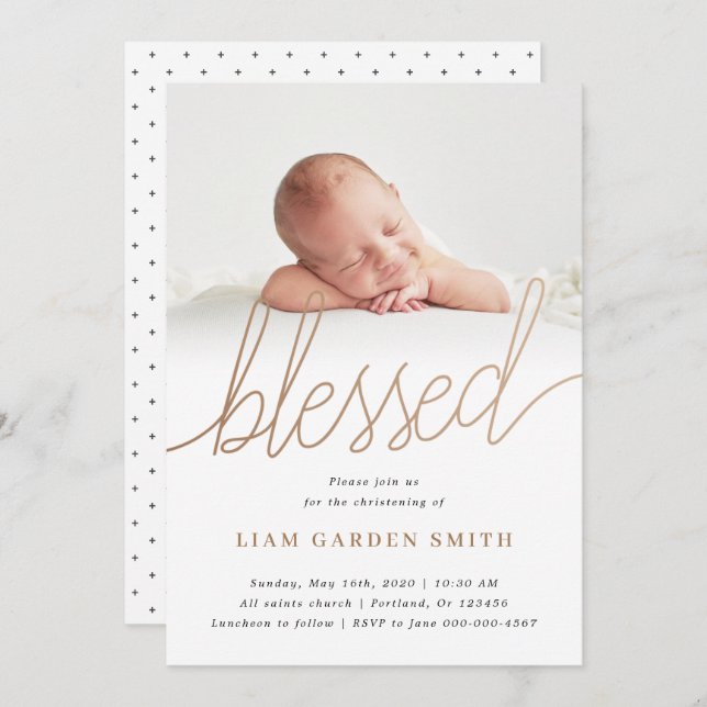 Subtle Cross Script Handwritten Christening Photo  Invitation (Front/Back)