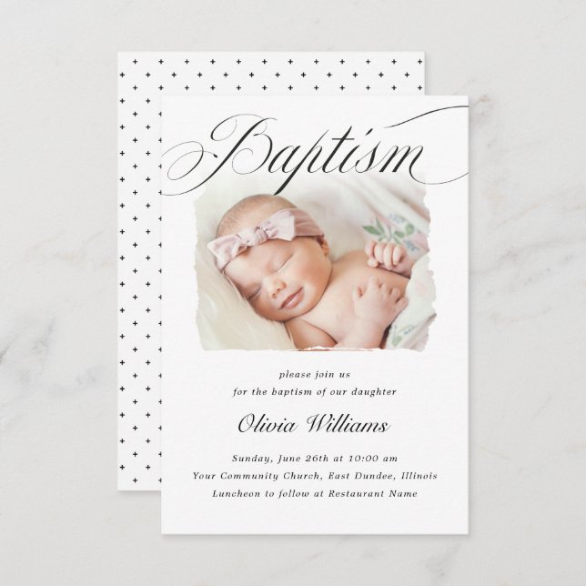 Subtle Cross Script Typo Christening Baptism Photo Invitation (Front/Back)