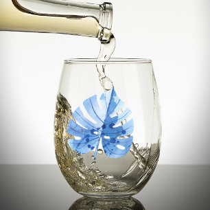Subtle Elegant Name, Cobalt Tropical Monstera Leaf Stemless Wine Glass