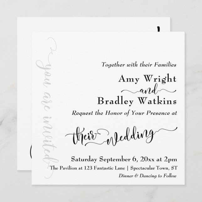 Subtle Elegant Typography Black on White Wedding 2 Invitation (Front/Back)