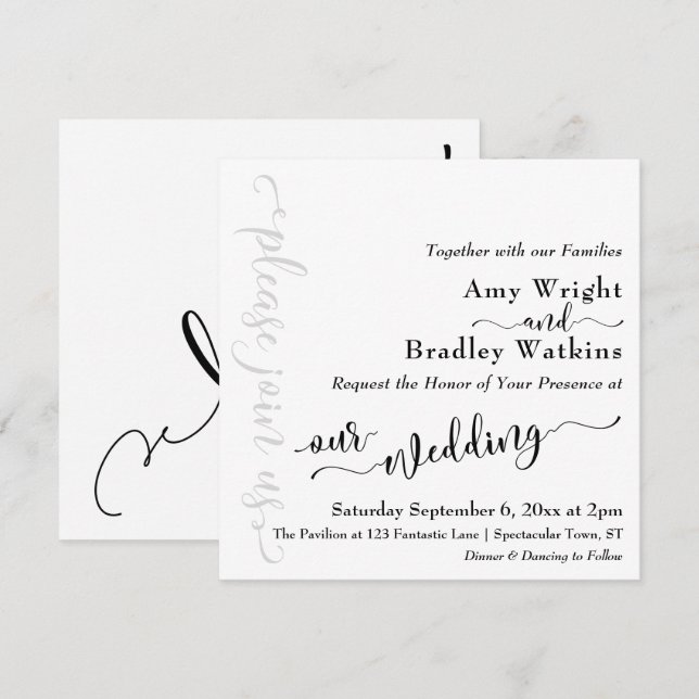 Subtle Elegant Typography Black on White Wedding 3 Invitation (Front/Back)