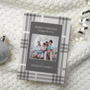Subtle Gray Plaid Holiday Photo Christmas Card