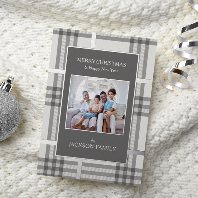 Subtle Gray Plaid Holiday Photo Christmas Card (Creator Uploaded)
